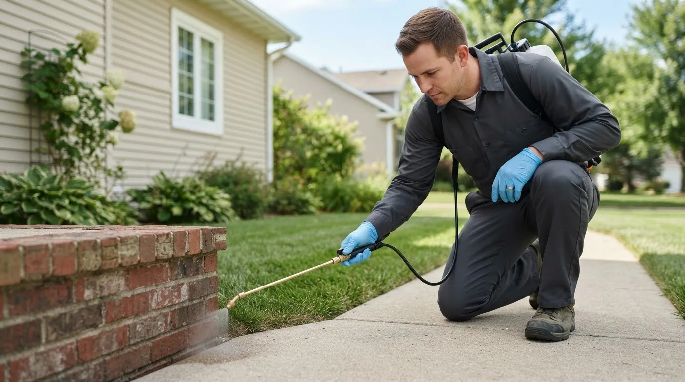 Pest control technician treating a home near Piedmont, KS